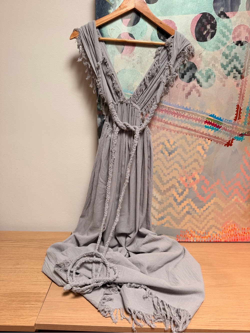 Ilaria Mexico Caftan Wrap Dress Coverup Raw Cotton Voile Gray Blue One Size - Picture 4 of 13
